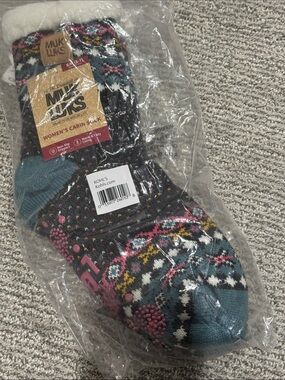 Muk Luks Women's Patterned Cabin Socks in Teal, Pink & Black